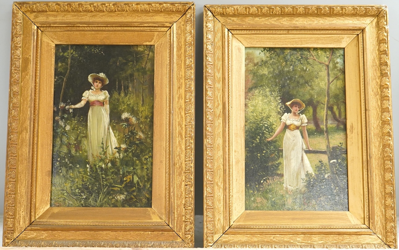 Late 19th / early 20th century School, Studies of women before landscapes, one indistinctly monogrammed lower left HSR?, pair of oils on board, 22 x 13cm, ornate gilt frames